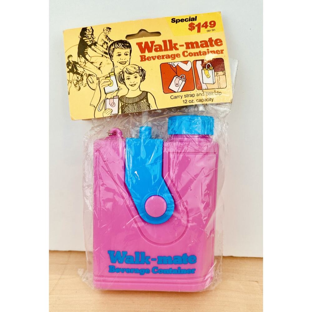 Vintage Walk-mate Beverage Container Pink/Blue New in Package 12 oz Belt Clip
